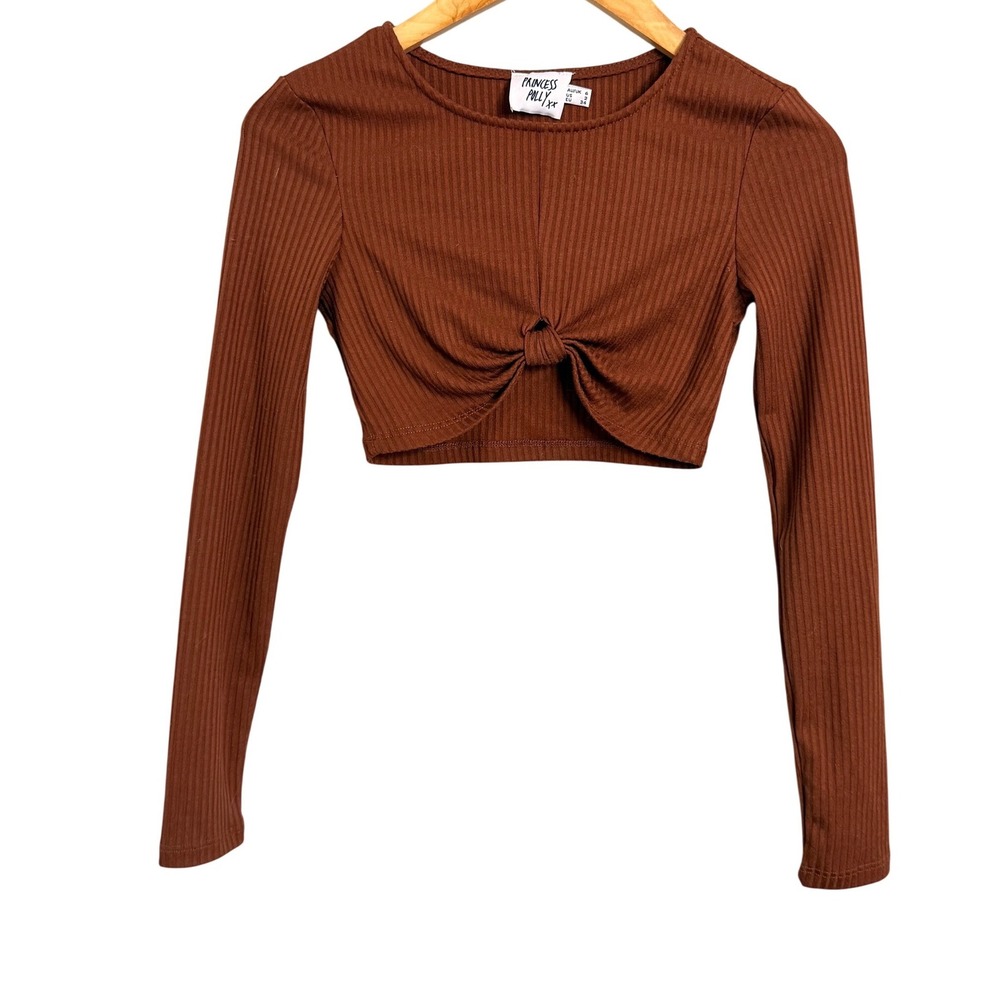 Princess Polly Ribbed Brown Twist Front Long Sleeve Crop Top Size US 2 - Picture 1 of 3
